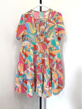 Colorful Geometric Pattern Summer Dress with Tassel Tie Small
